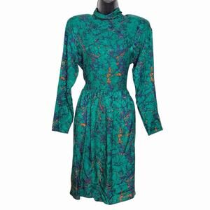 VTG 80s ST MALO SILK HI NECK DRESS GREEN MULTI MARBLED PRINT COLORFUL RETRO 10